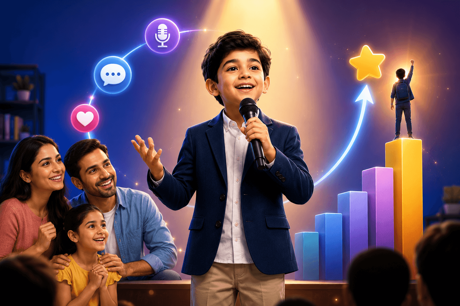Confident child speaking on stage